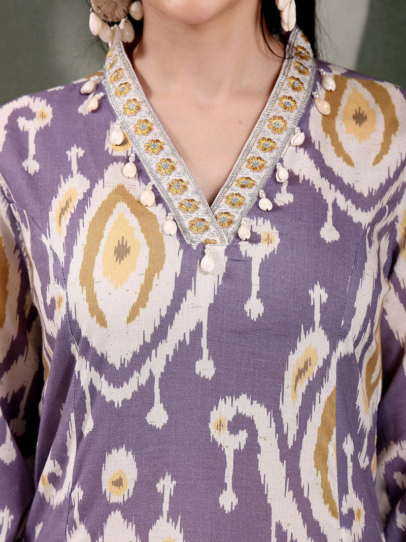 Women Mauve Color Printed Pure Cotton A-Line Kurta & Trousers