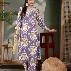 Women Mauve Color Printed Pure Cotton A-Line Kurta & Trousers