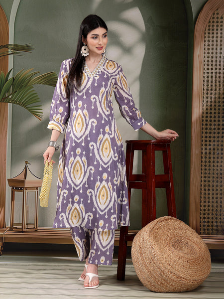 Women Mauve Color Printed Pure Cotton A-Line Kurta & Trousers