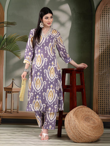 Printed Pure Cotton A-Line Kurta & Trousers