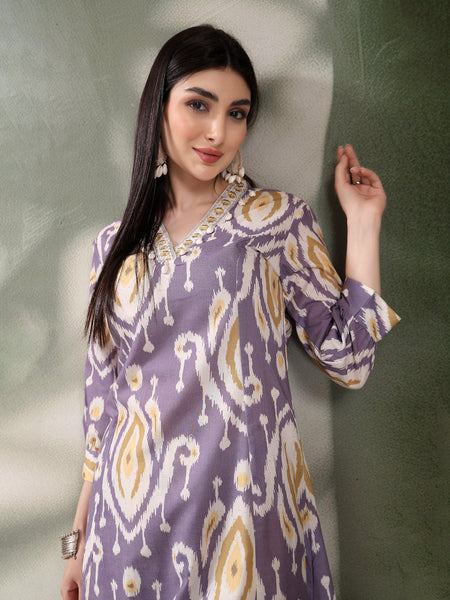 Women Mauve Color Printed Pure Cotton A-Line Kurta & Trousers