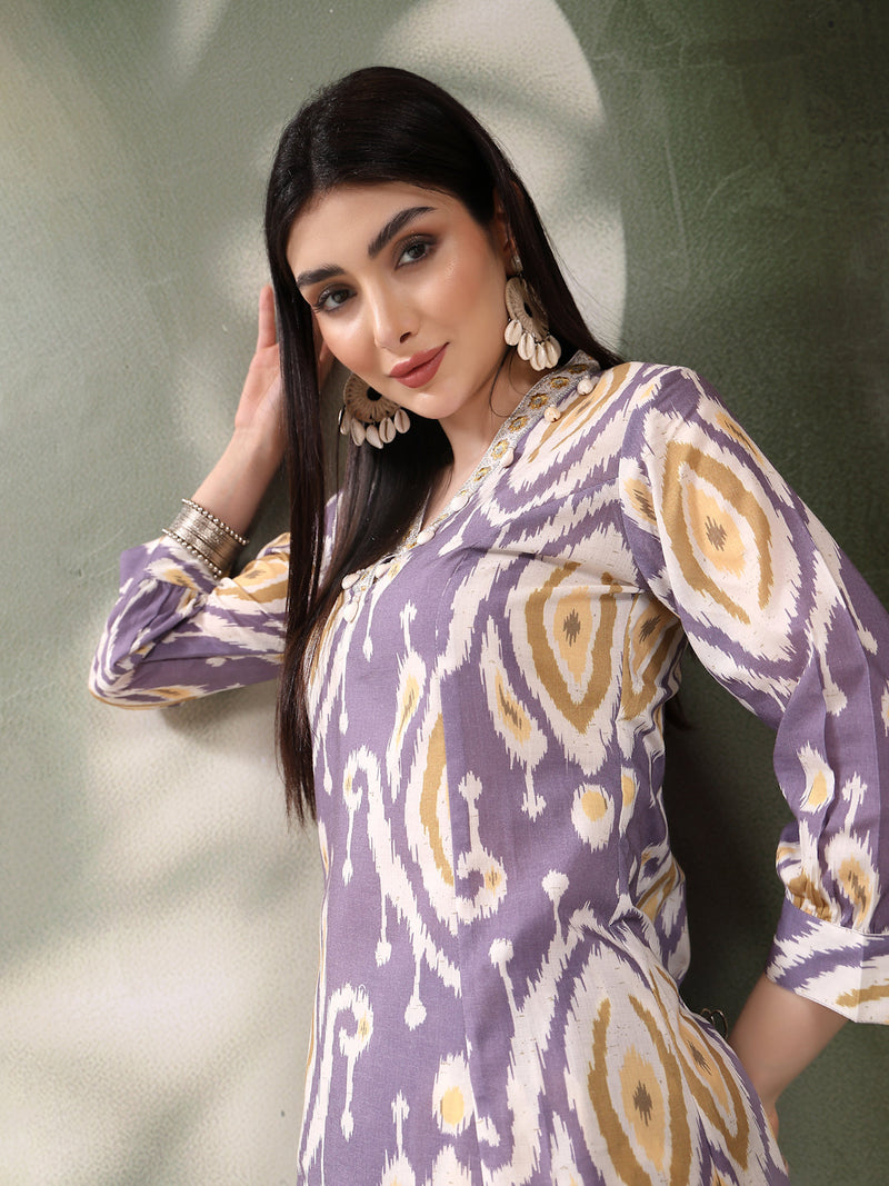 Women Mauve Color Printed Pure Cotton A-Line Kurta & Trousers