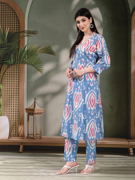 Women Ethnic Printed Pure Cotton A-Line Kurta & Trousers