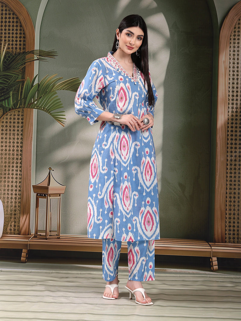 Women Ethnic Printed Pure Cotton A-Line Kurta & Trousers