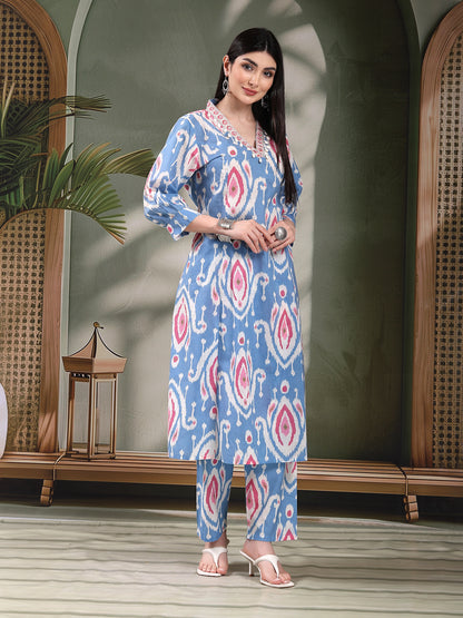 Women Ethnic Printed Pure Cotton A-Line Kurta & Trousers