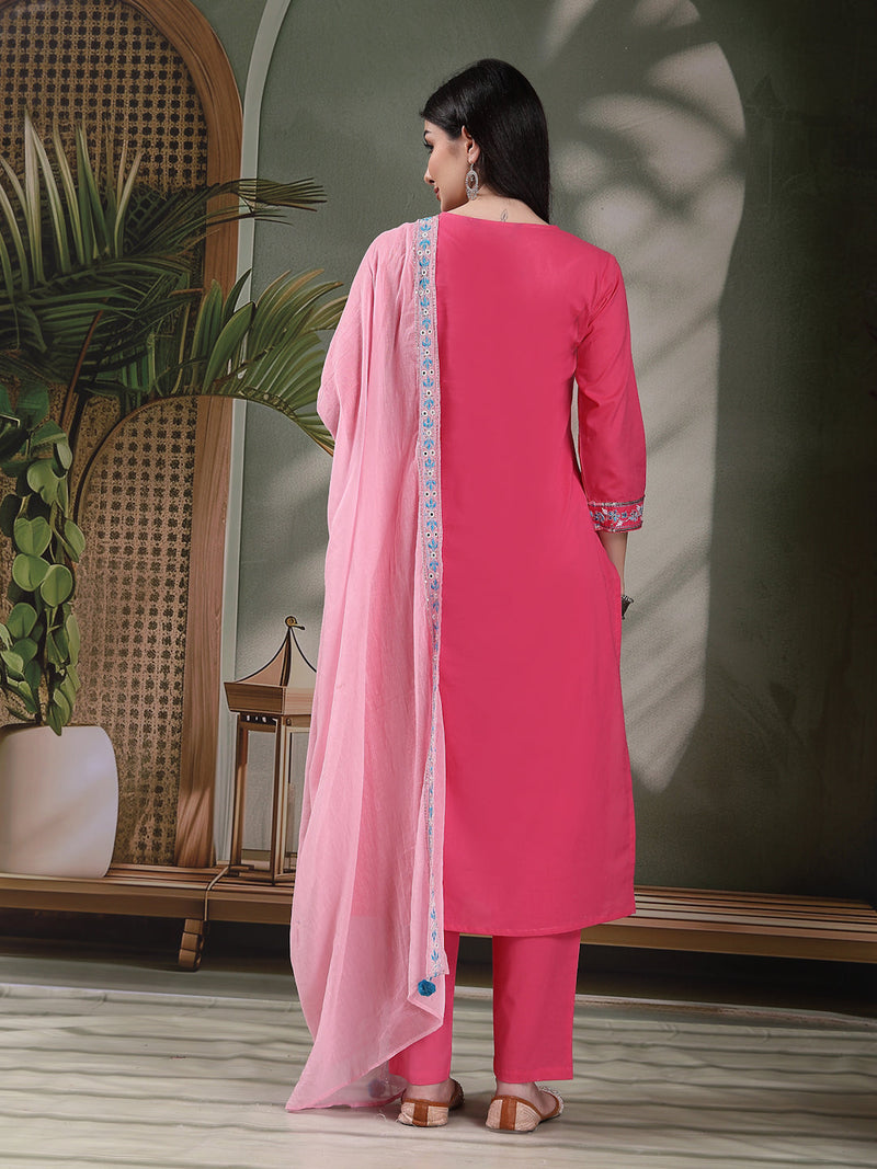 Women Solid Embroidered Cotton Kurta with Pyjama & Dupatta