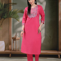 Women Solid Embroidered Cotton Kurta with Pyjama & Dupatta