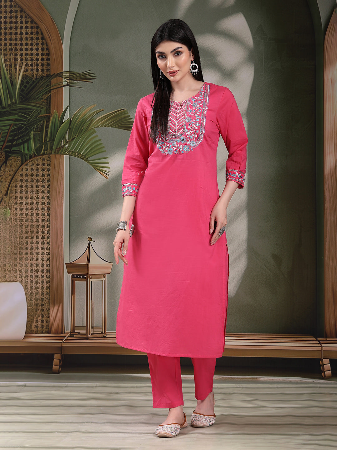 Women Solid Embroidered Cotton Kurta with Pyjama & Dupatta Set