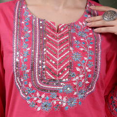 Women Solid Embroidered Cotton Kurta with Pyjama & Dupatta