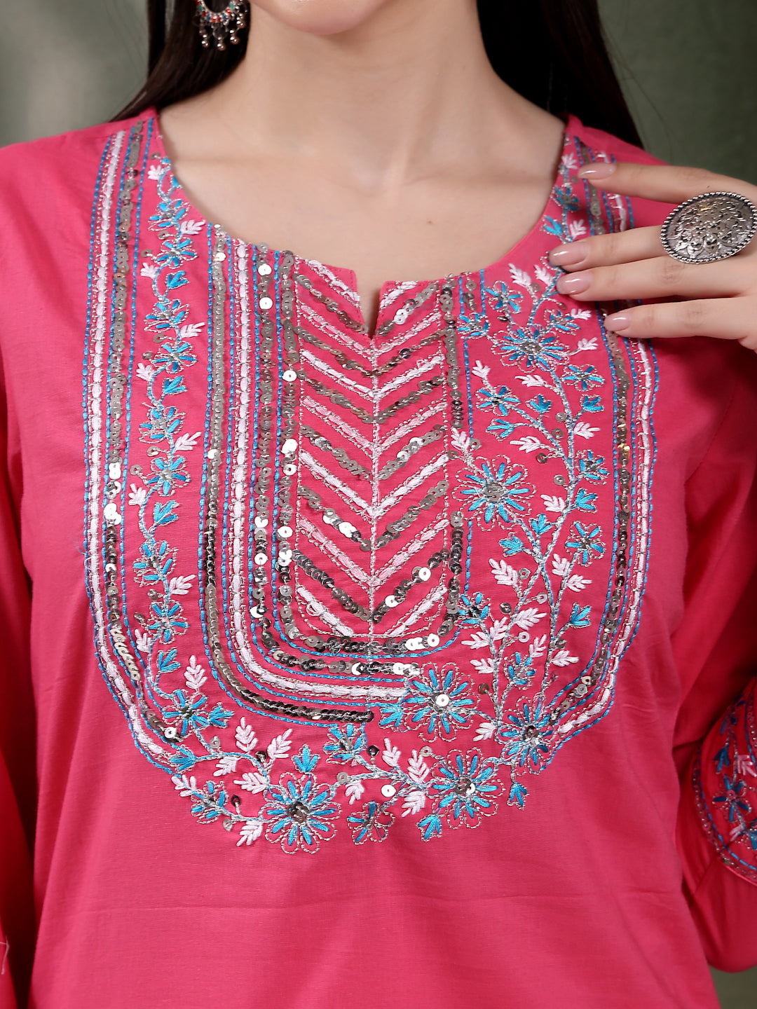 Women Solid Embroidered Cotton Kurta with Pyjama & Dupatta Set