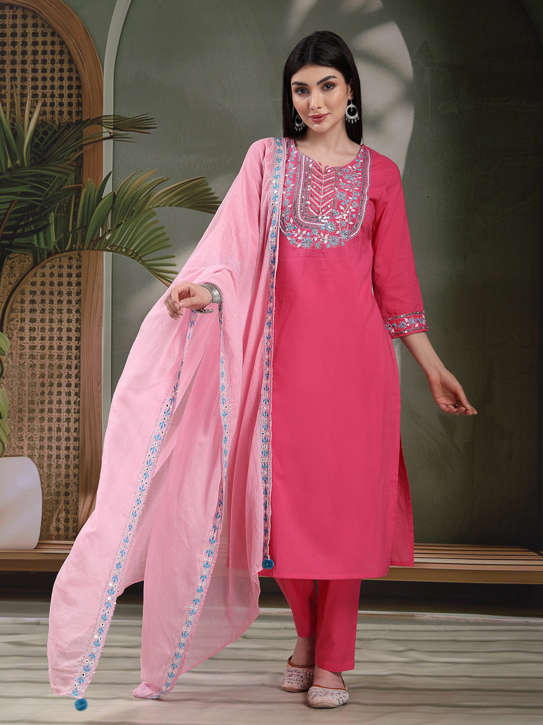 Women Solid Embroidered Cotton Kurta with Pyjama & Dupatta Set