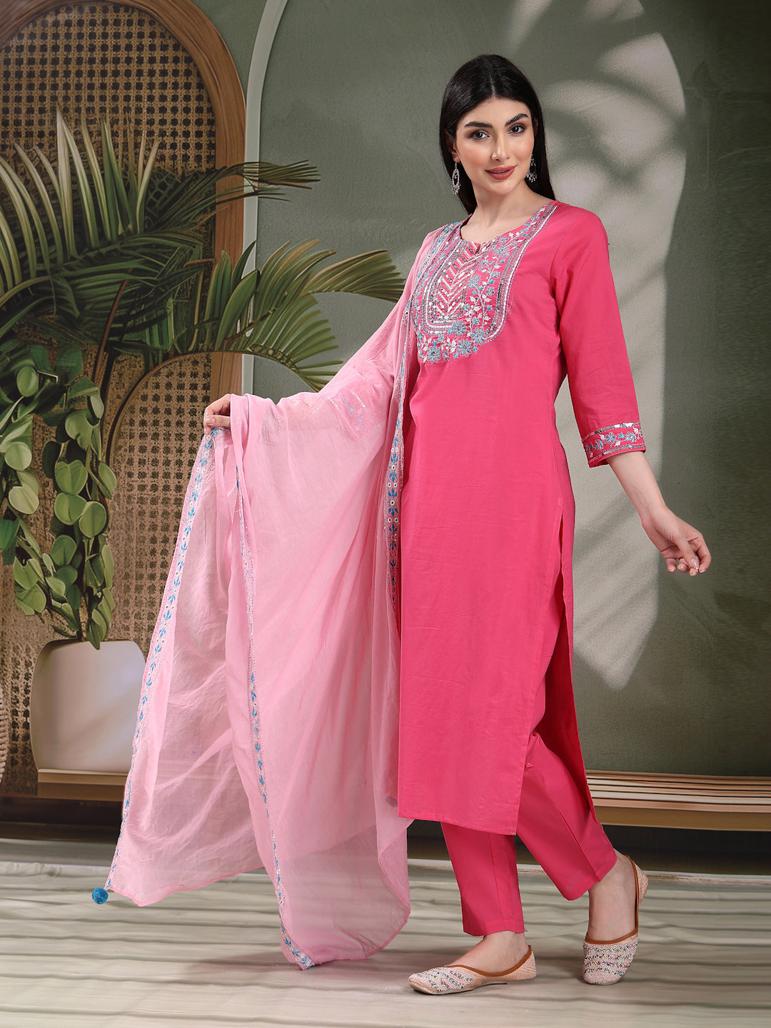 Women Solid Embroidered Cotton Kurta with Pyjama & Dupatta Set