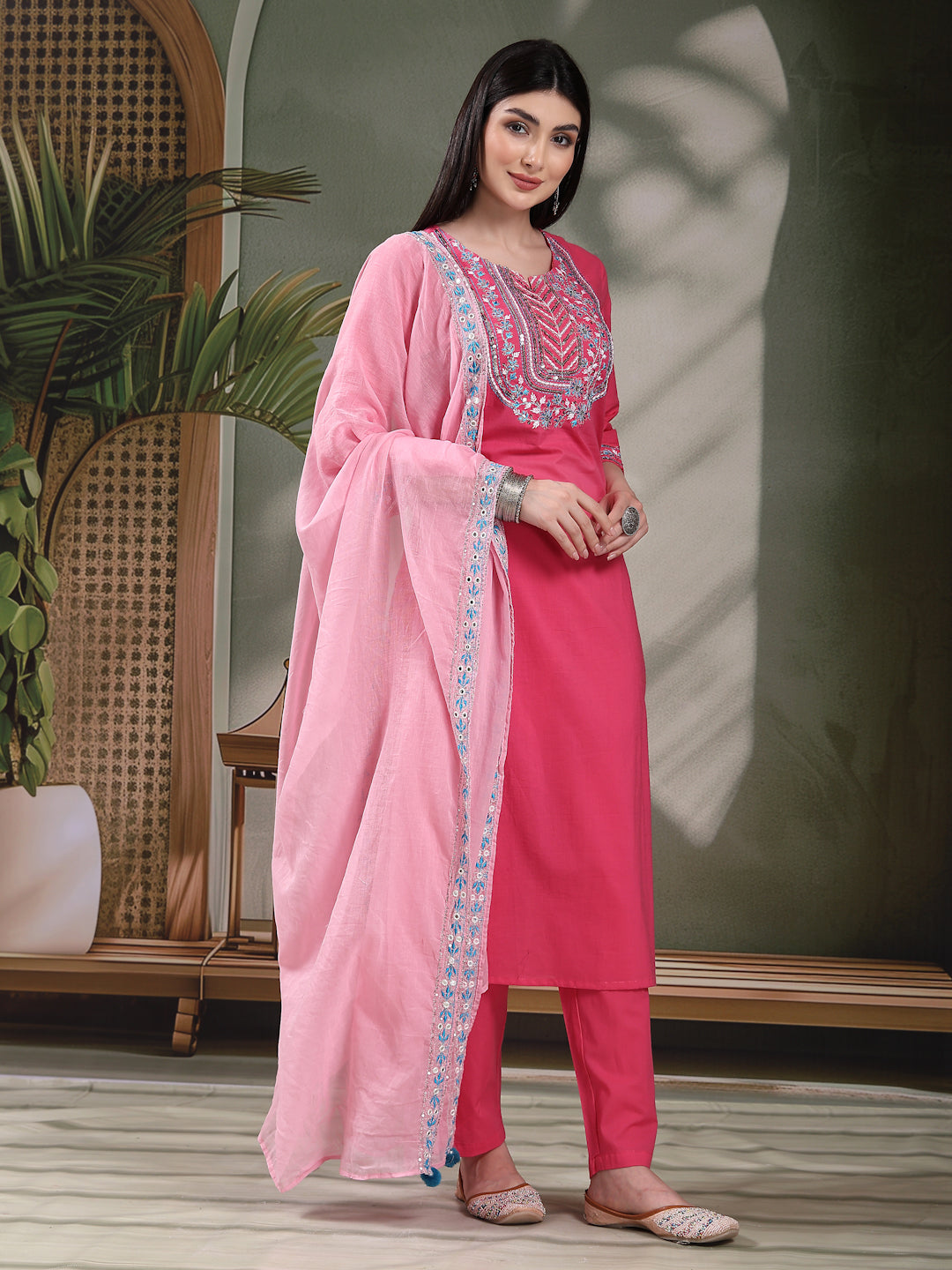 Women Solid Embroidered Cotton Kurta with Pyjama & Dupatta Set