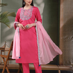 Women Solid Embroidered Cotton Kurta with Pyjama & Dupatta