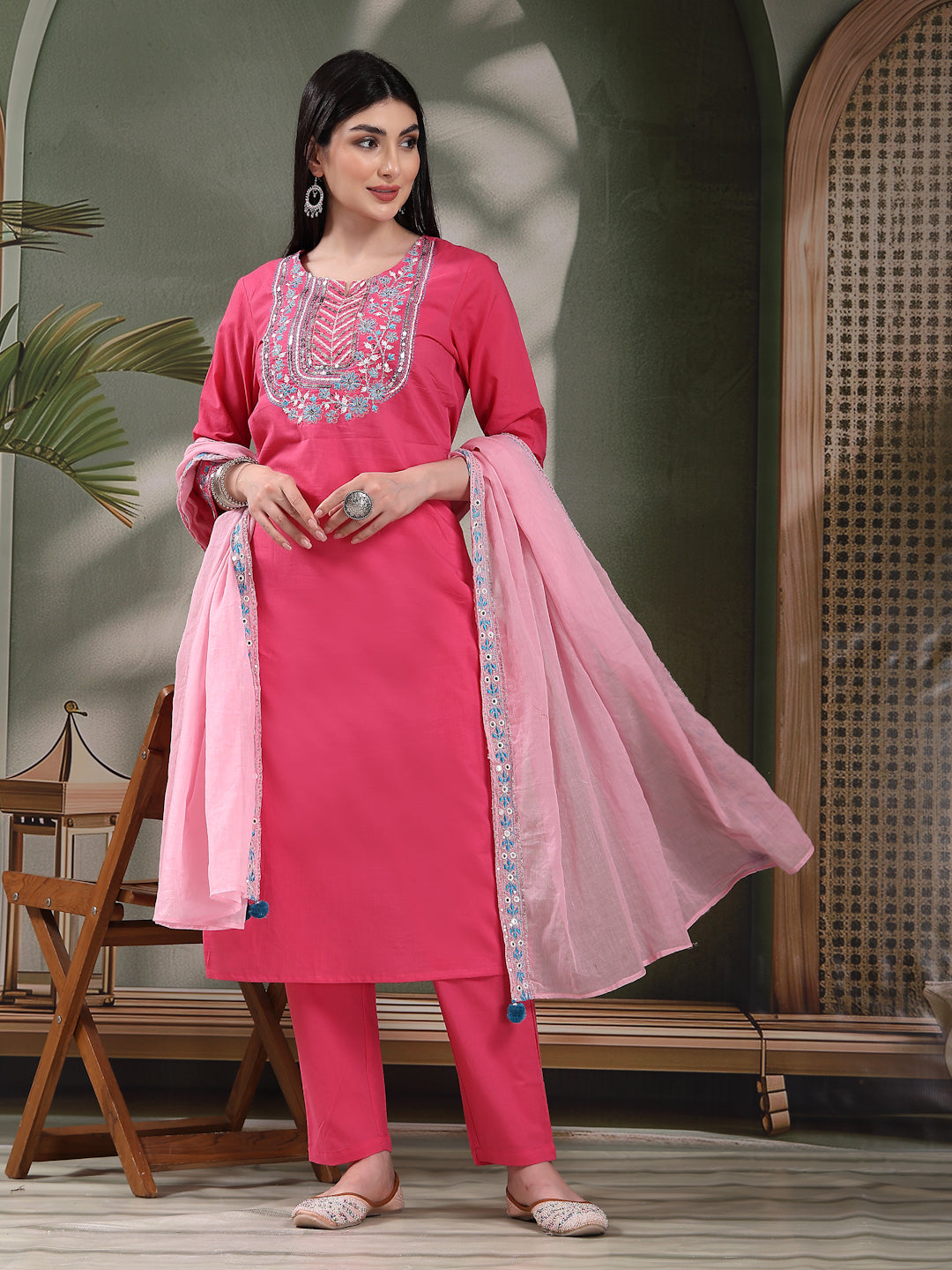 Women Solid Embroidered Cotton Kurta with Pyjama & Dupatta Set