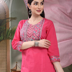 Women Solid Embroidered Cotton Kurta with Pyjama & Dupatta