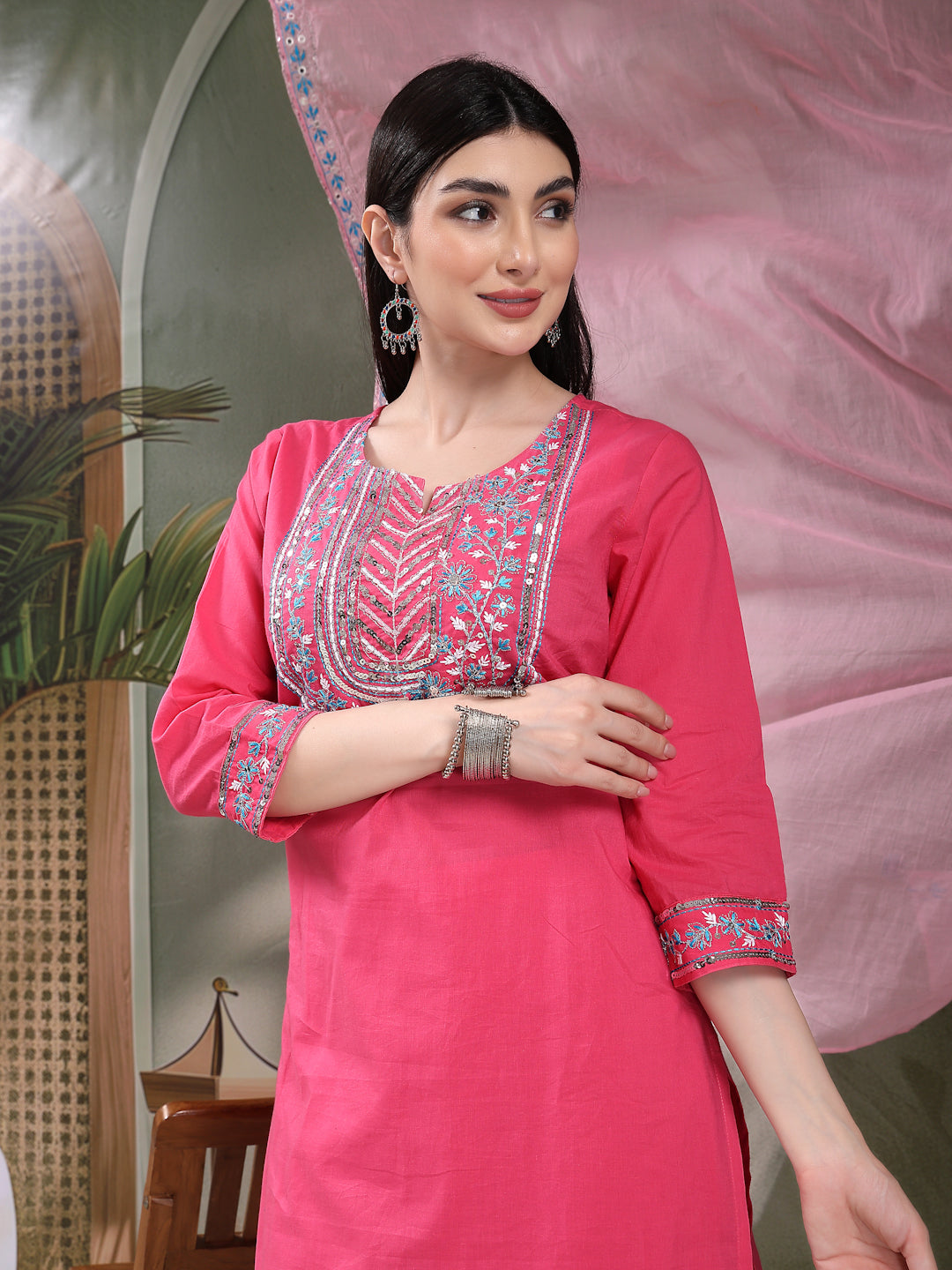 Women Solid Embroidered Cotton Kurta with Pyjama & Dupatta Set