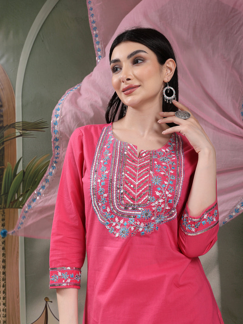 Women Solid Embroidered Cotton Kurta with Pyjama & Dupatta