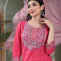 Women Solid Embroidered Cotton Kurta with Pyjama & Dupatta