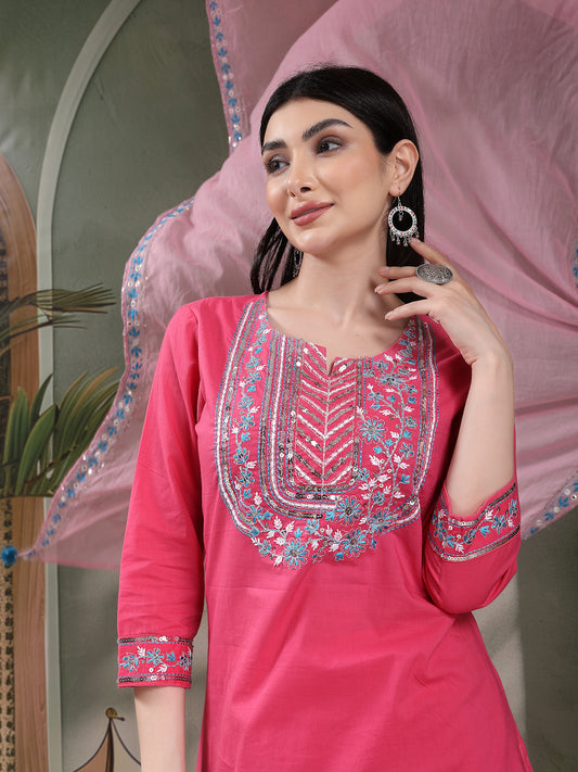 Women Solid Embroidered Cotton Kurta with Pyjama & Dupatta Set