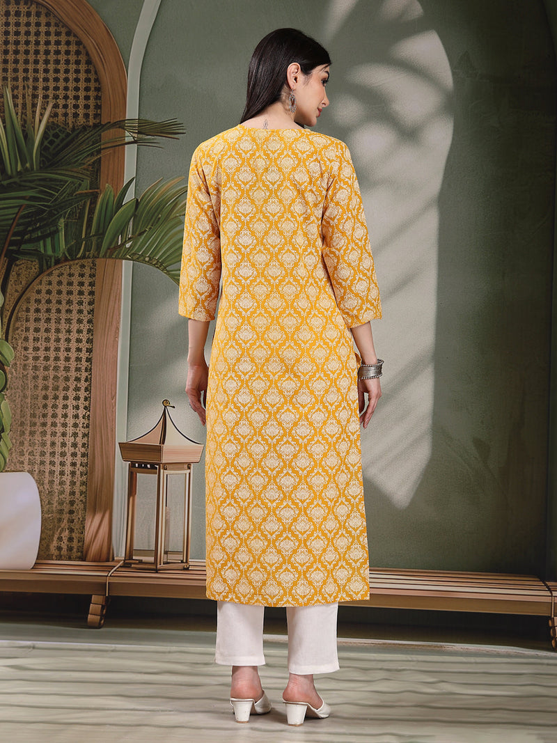 Women Floral Printed Thread Work Notch Neck Pure Cotton Straight Kurta