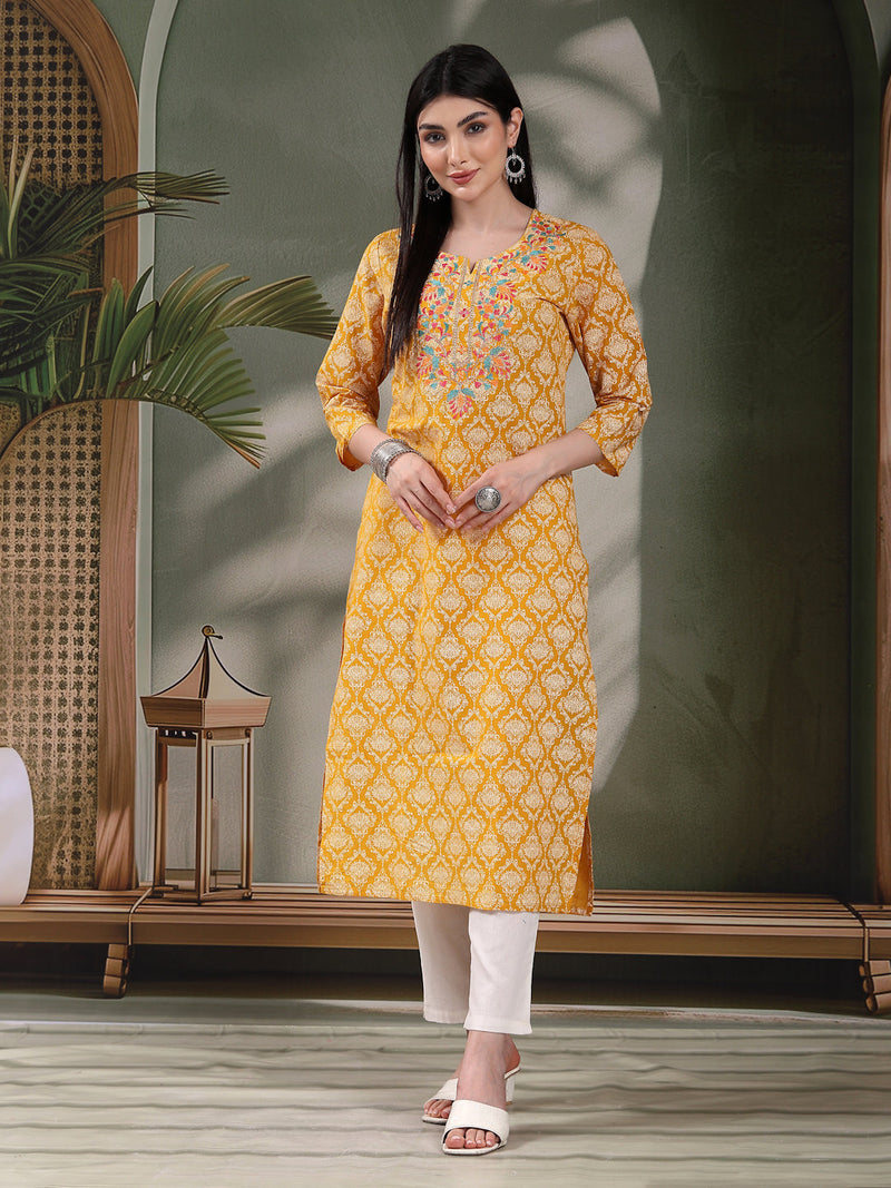 Women Floral Printed Thread Work Notch Neck Pure Cotton Straight Kurta
