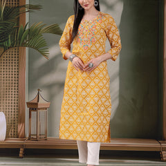 Women Floral Printed Thread Work Notch Neck Pure Cotton Straight Kurta