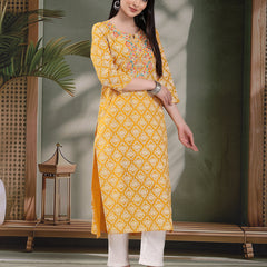 Women Floral Printed Thread Work Notch Neck Pure Cotton Straight Kurta