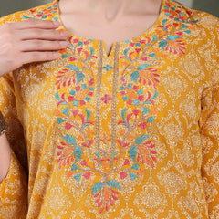 Women Floral Printed Thread Work Notch Neck Pure Cotton Straight Kurta