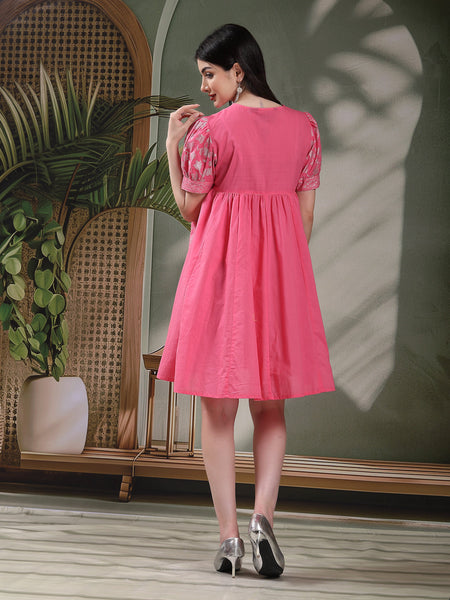 Women Pink Color Ethnic Motif Printed Empire Ethnic Dress