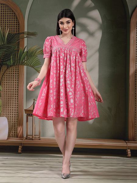 Women Pink Color Ethnic Motif Printed Empire Ethnic Dress