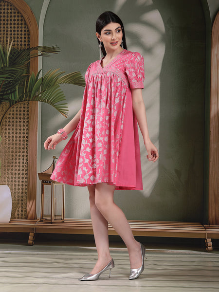 Women Pink Color Ethnic Motif Printed Empire Ethnic Dress