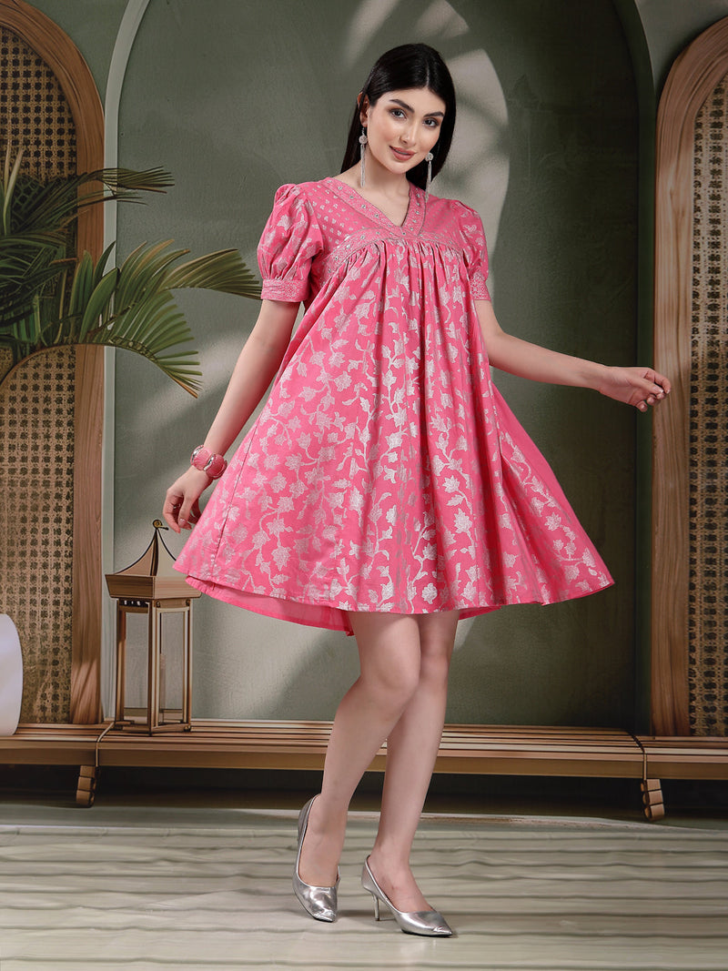 Women Pink Color Ethnic Motif Printed Empire Ethnic Dress