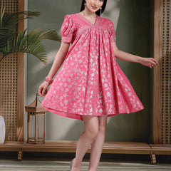 Women Pink Color Ethnic Motif Printed Empire Ethnic Dress