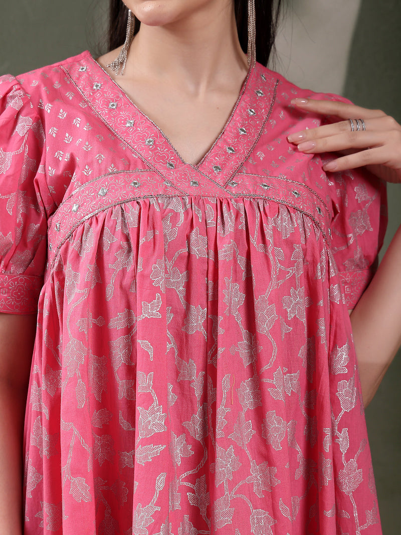 Women Pink Color Ethnic Motif Printed Empire Ethnic Dress