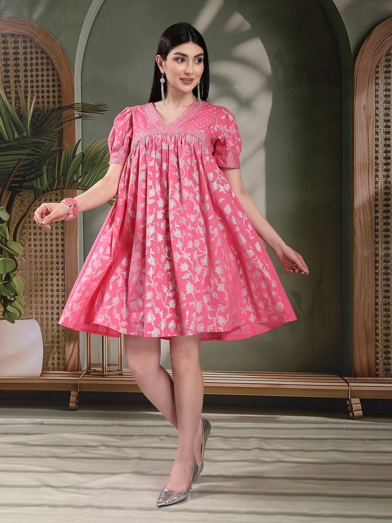 Women Pink Color Ethnic Motif Printed Empire Ethnic Dress