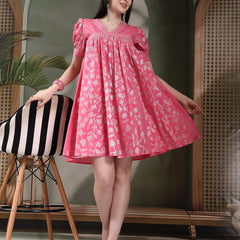 Women Pink Color Ethnic Motif Printed Empire Ethnic Dress