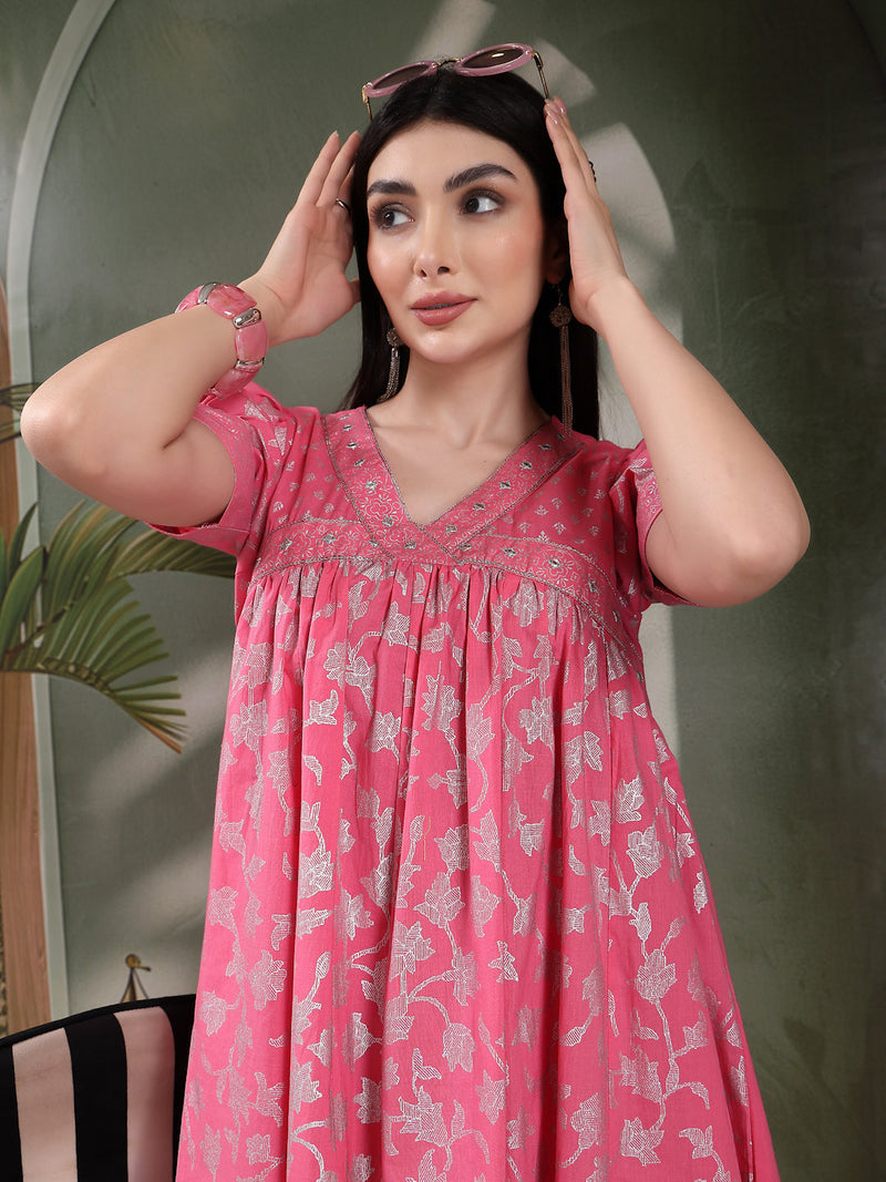 Women Pink Color Ethnic Motif Printed Empire Ethnic Dress