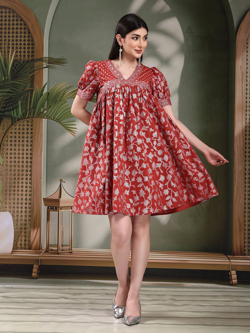 Women Rust Color Printed Cotton V Neck Empire Ethnic Dress