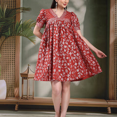 Women Rust Color Printed Cotton V Neck Empire Ethnic Dress