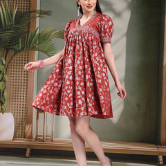 Women Rust Color Printed Cotton V Neck Empire Ethnic Dress