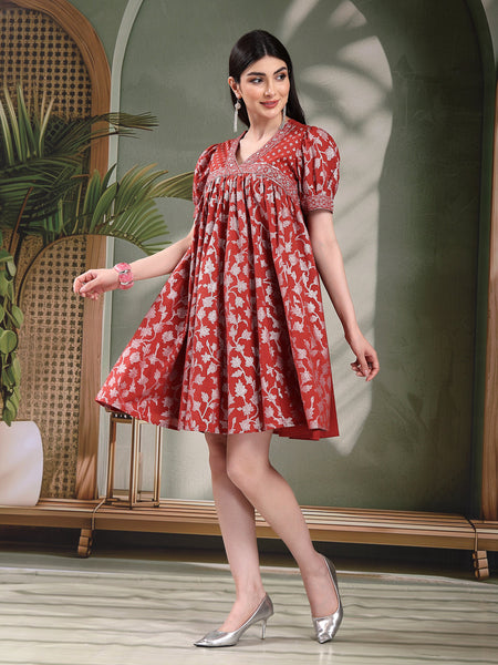 Women Rust Color Printed Cotton V Neck Empire Ethnic Dress