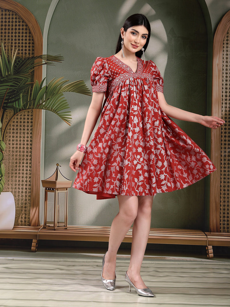Women Rust Color Printed Cotton V Neck Empire Ethnic Dress