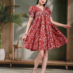 Women Rust Color Printed Cotton V Neck Empire Ethnic Dress