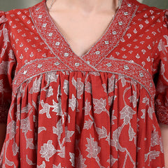 Women Rust Color Printed Cotton V Neck Empire Ethnic Dress