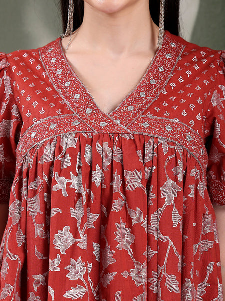 Women Rust Color Printed Cotton V Neck Empire Ethnic Dress