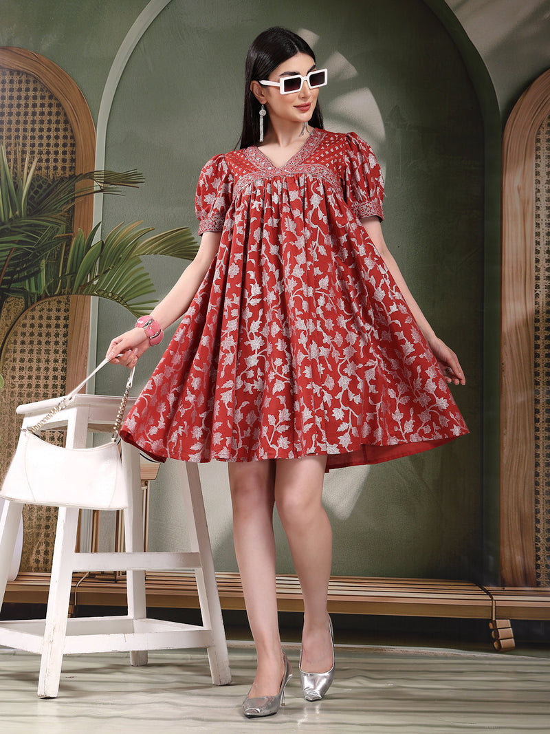Women Rust Color Printed Cotton V Neck Empire Ethnic Dress