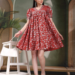 Women Rust Color Printed Cotton V Neck Empire Ethnic Dress