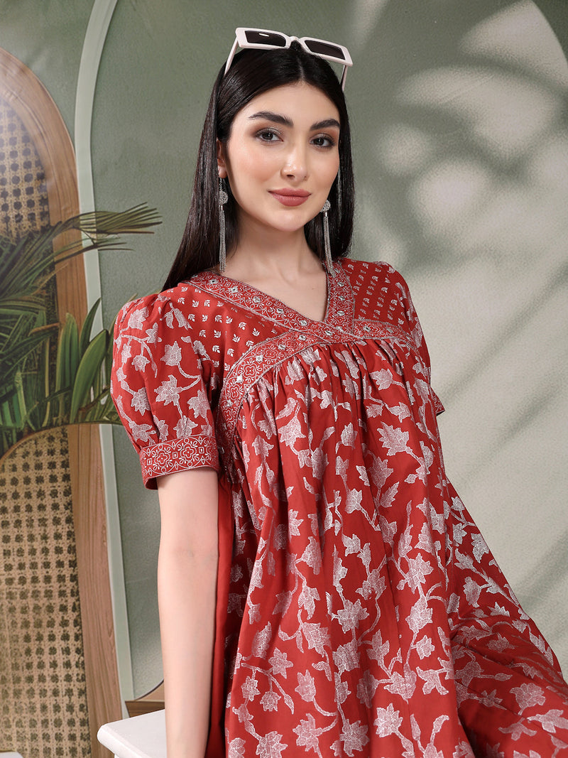 Women Rust Color Printed Cotton V Neck Empire Ethnic Dress