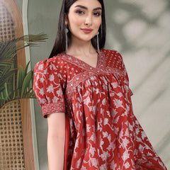 Women Rust Color Printed Cotton V Neck Empire Ethnic Dress